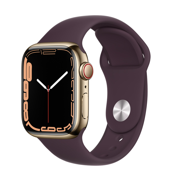 Apple Watch Series 7 GPS + Cellular, 41mm Gold Stainless Steel Case with Dark Cherry Sport Band - Regular